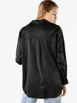 Studio Eleven Collection Maxi camicia da donna a maniche lunghe effetto raso - nero