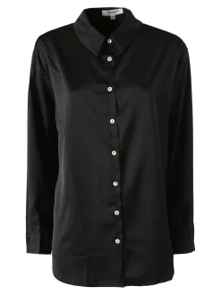 Studio Eleven Collection Maxi camicia da donna a maniche lunghe effetto raso - nero