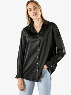 Studio Eleven Collection Maxi camicia da donna a maniche lunghe effetto raso - nero