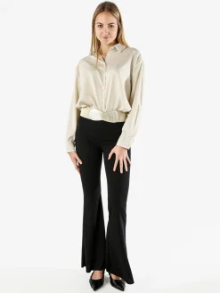 Studio Eleven Collection Maxi camicia da donna a maniche lunghe effetto raso - apricot