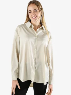 Studio Eleven Collection Maxi camicia da donna a maniche lunghe effetto raso - apricot