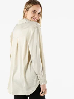 Studio Eleven Collection Maxi camicia da donna a maniche lunghe effetto raso - apricot