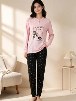 Stylosa Pigiama lungo da donna in cotone con pantaloni a pois