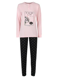 Stylosa Pigiama lungo da donna in cotone con pantaloni a pois