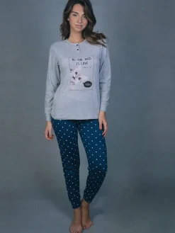 Stylosa Pigiama lungo da donna in cotone con pantaloni a pois