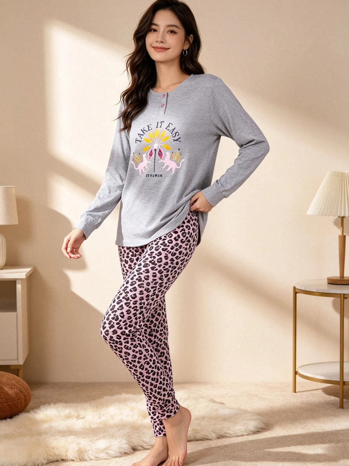 Stylosa Pigiama lungo donna in cotone con pantaloni maculati