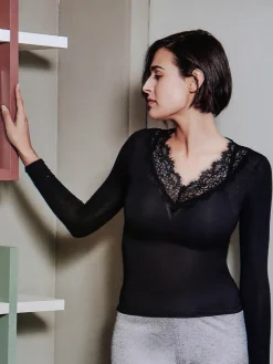 Sublyme T-shirt donna a maniche lunghe in cashmere con pizzo - nero