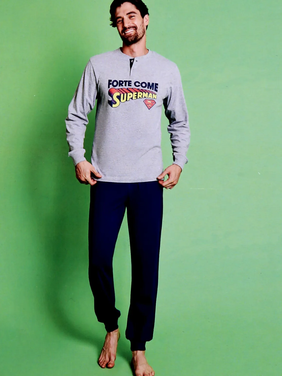Superman Pigiama lungo da uomo in cotone con pantaloni a quadri - grigio