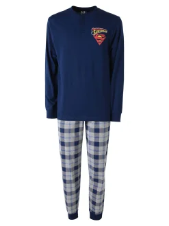 Superman Pigiama lungo da uomo in cotone con pantaloni a quadri - blu