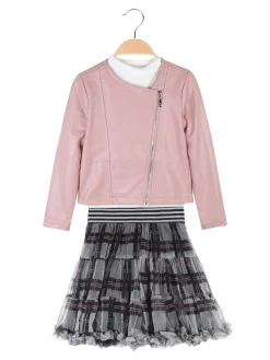 Sweet Junior Completo da bambina 3 pezzi con gonna e giacca in ecopelle