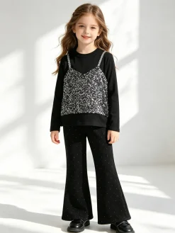 Sweet Junior Completo elegante da bambina con paillettes e pantaloni a zampa - nero