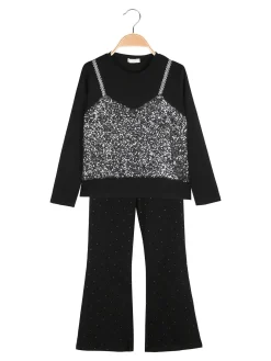 Sweet Junior Completo elegante da bambina con paillettes e pantaloni a zampa - nero