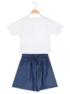 Sweet Junior Completo 2 pezzi corto da bambina con t-shirt cropped e shorts con micro borchie - bianco