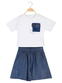 Sweet Junior Completo 2 pezzi corto da bambina con t-shirt cropped e shorts con micro borchie - bianco
