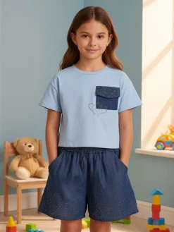 Sweet Junior Completo 2 pezzi corto da bambina con t-shirt cropped e shorts con micro borchie - azzurro