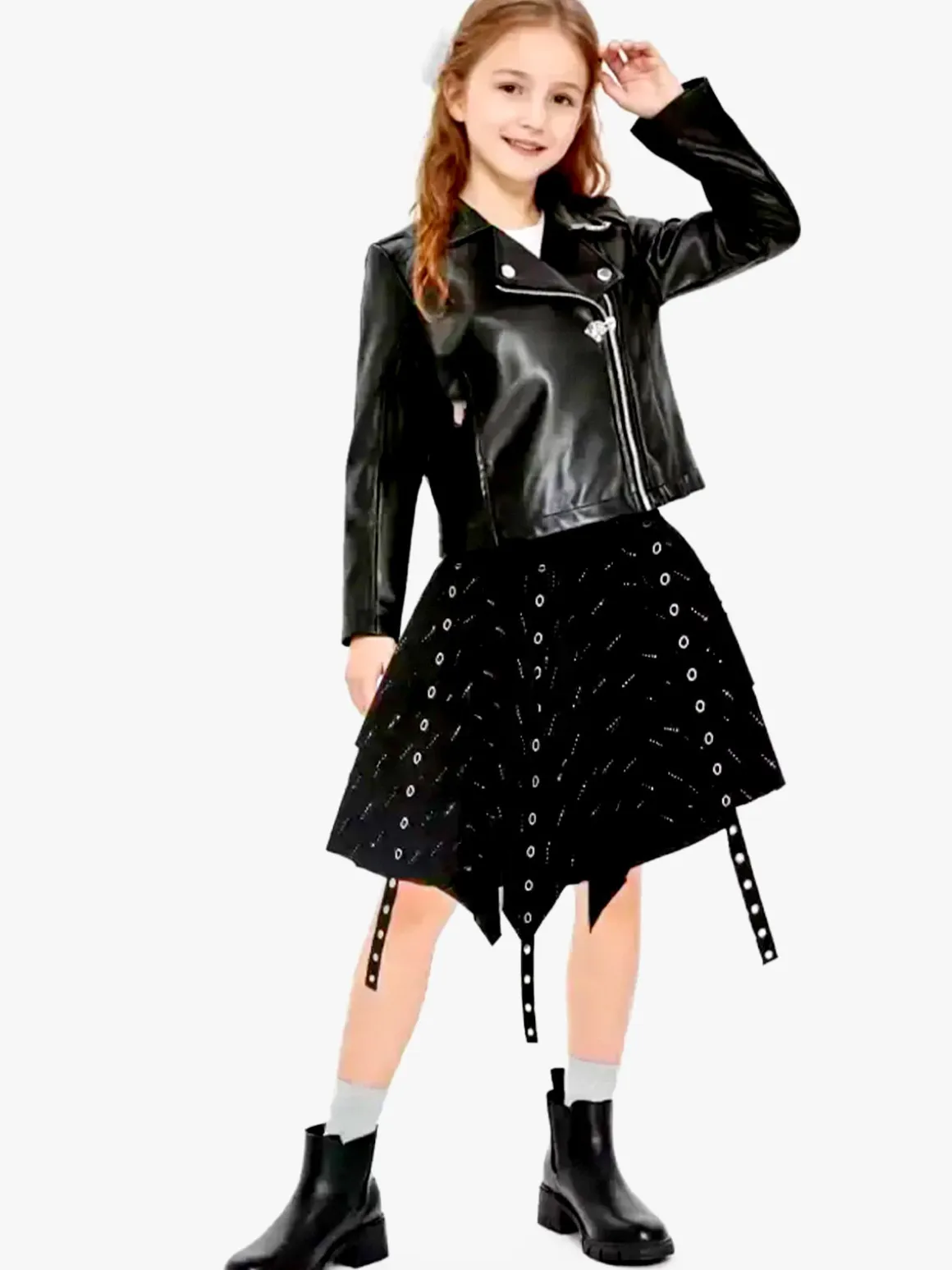 Sweet Junior Completo 3 pezzi da bambina con giacca in ecopelle e gonna con strass - nero