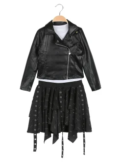 Sweet Junior Completo 3 pezzi da bambina con giacca in ecopelle e gonna con strass - nero