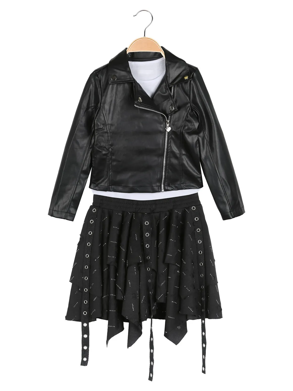 Sweet Junior Completo 3 pezzi da bambina con giacca in ecopelle e gonna con strass - nero