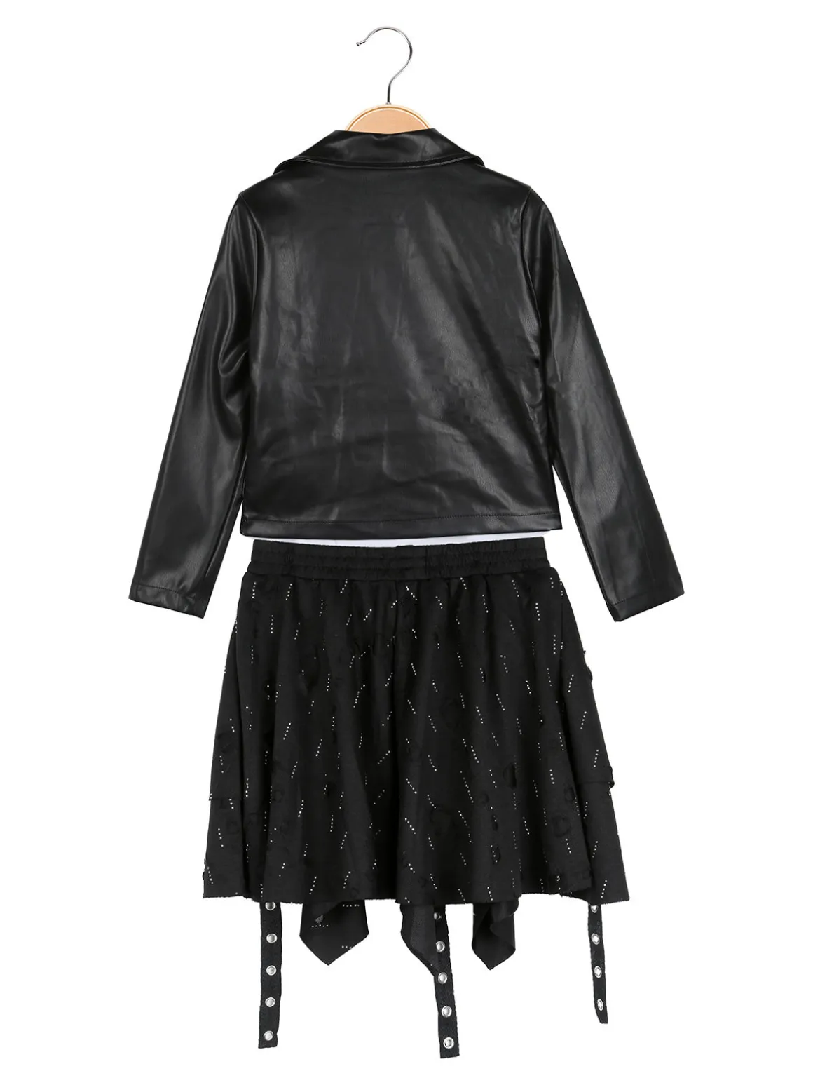 Sweet Junior Completo 3 pezzi da bambina con giacca in ecopelle e gonna con strass - nero