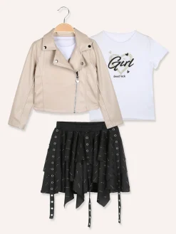 Sweet Junior Completo 3 pezzi da bambina con giacca in ecopelle e gonna con strass - beige