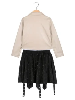 Sweet Junior Completo 3 pezzi da bambina con giacca in ecopelle e gonna con strass - beige
