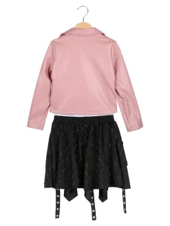 Sweet Junior Completo 3 pezzi da bambina con giacca in ecopelle e gonna con strass - rosa