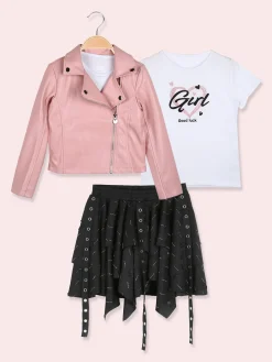 Sweet Junior Completo 3 pezzi da bambina con giacca in ecopelle e gonna con strass - rosa