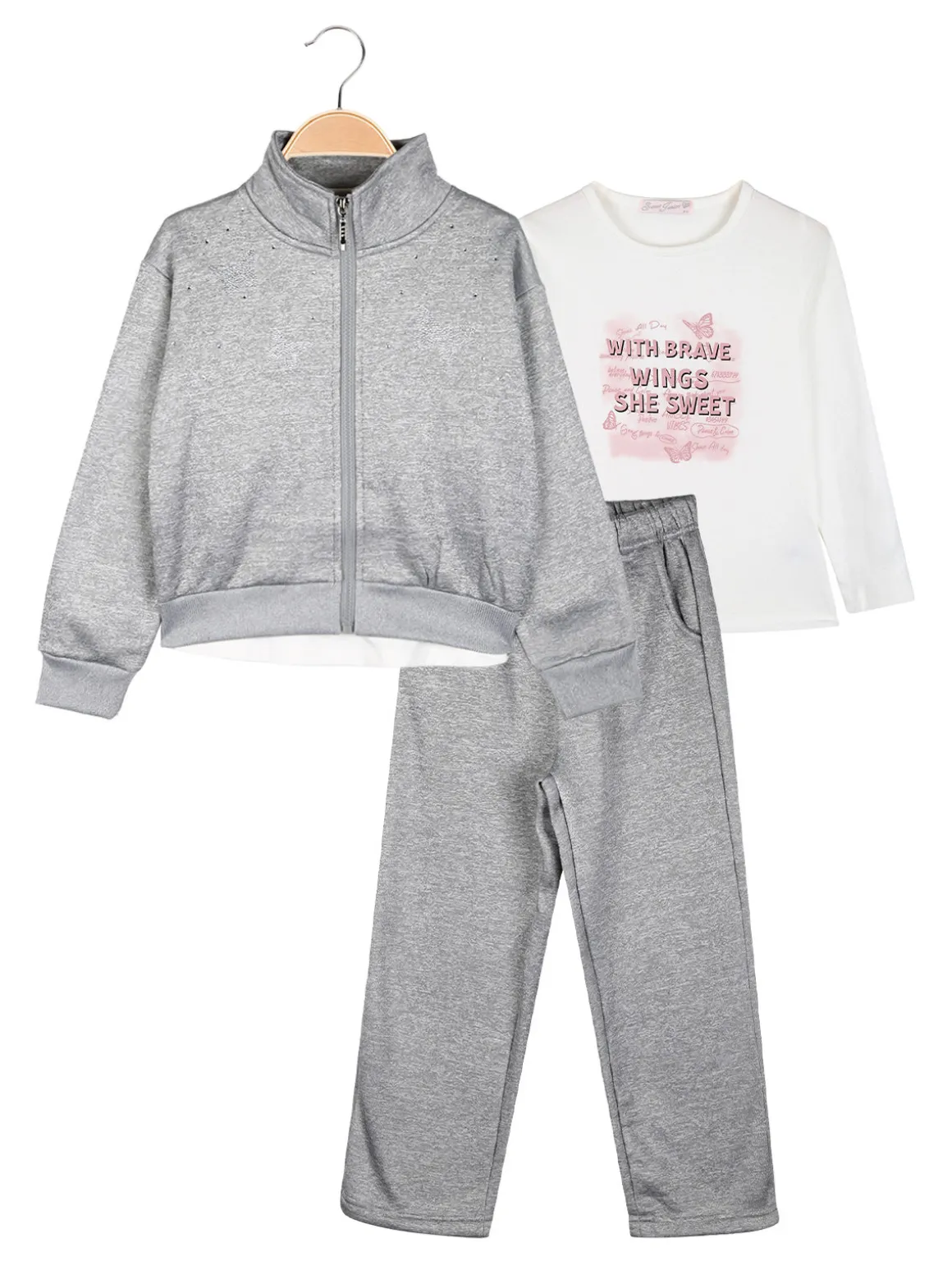 Sweet Junior Completo tuta da bambina 3 pezzi con strass - grigio