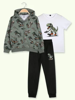 Sweet Junior Completo tuta da bambino dinosauri 3 pezzi con cappuccio e zip - militare