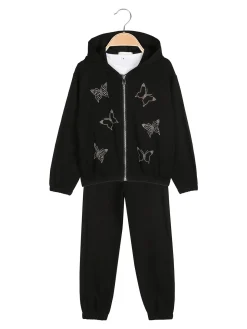 Sweet Junior Completo tuta 3 pezzi da bambina con farfalle di strass cappuccio e zip - nero