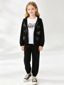 Sweet Junior Completo tuta 3 pezzi da bambina con farfalle di strass cappuccio e zip - nero