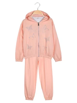 Sweet Junior Completo tuta 3 pezzi da bambina con farfalle di strass cappuccio e zip - corallo