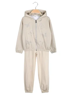 Sweet Junior Completo tuta 3 pezzi da bambina con farfalle di strass cappuccio e zip - beige