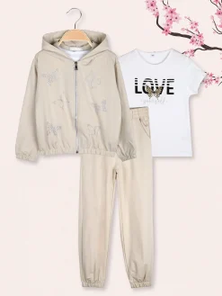 Sweet Junior Completo tuta 3 pezzi da bambina con farfalle di strass cappuccio e zip - beige
