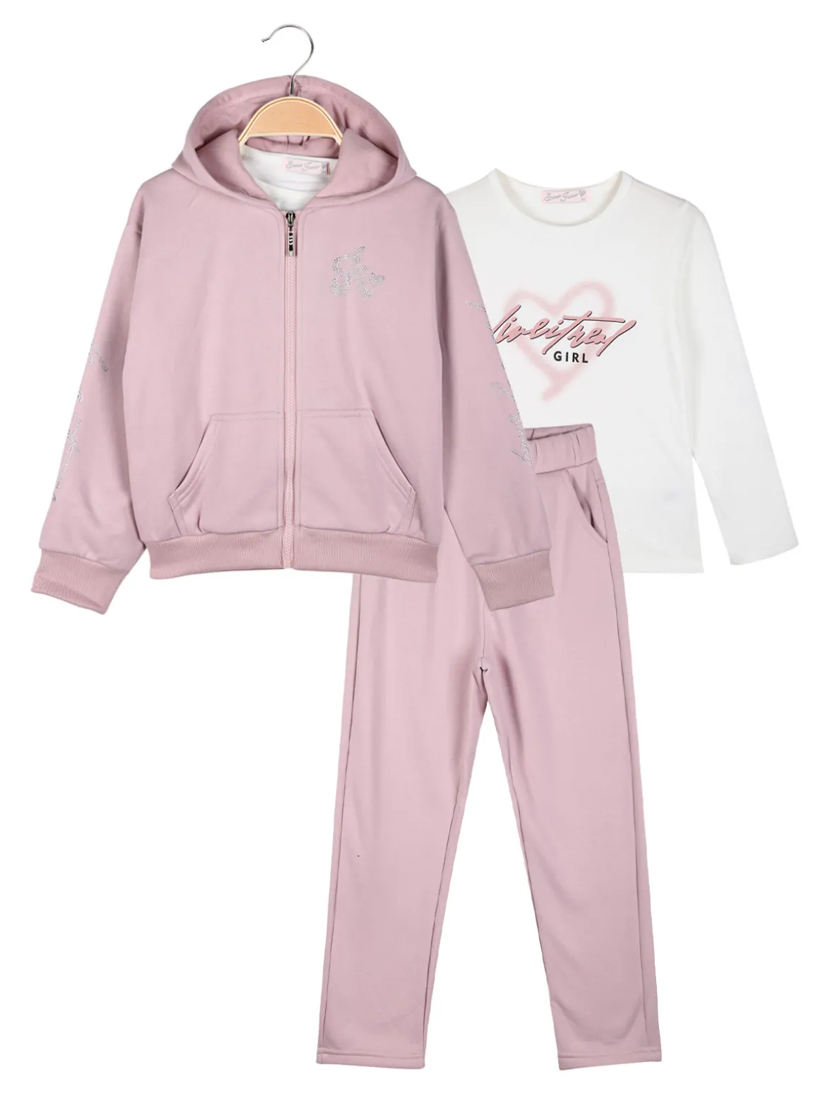 Sweet Junior Completo tuta 3 pezzi da bambina con cappuccio e zip - rosa