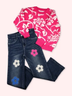 Sweet Junior Jeans da bambina a gamba dritta con fiori di peluche e strass - jeans