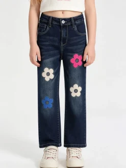 Sweet Junior Jeans da bambina a gamba dritta con fiori di peluche e strass - jeans