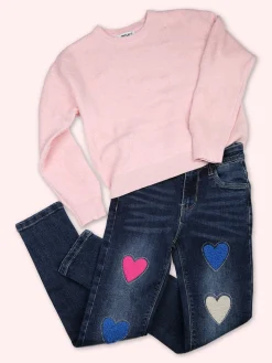 Sweet Junior Jeans skinny da bambina con cuori di peluche e strass - jeans