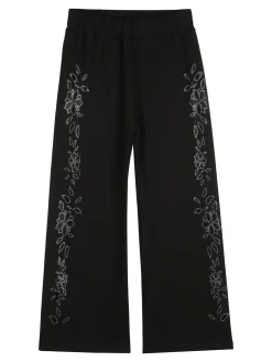 Sweet Junior Pantaloni da bambina a gamba larga con strass floreali - nero