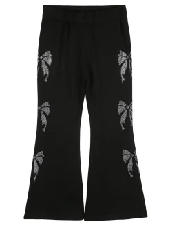 Sweet Junior Pantaloni da bambina a zampa con fiocchi di strass ed elastico in vita - nero