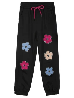 Sweet Junior Pantaloni tuta da bambina con fiori di peluche e strass - nero