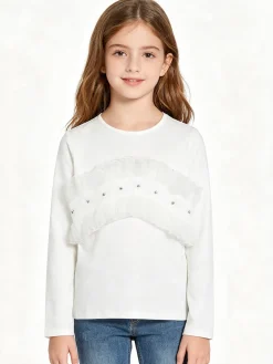 Sweet Junior T-shirt da bambina a maniche lunghe con tulle e strass - bianco