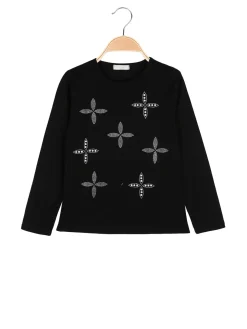 Sweet Junior T-shirt da bambina a maniche lunghe con strass e perle - nero