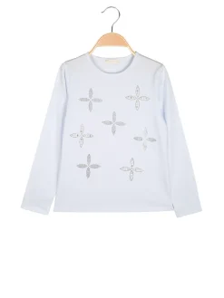 Sweet Junior T-shirt da bambina a maniche lunghe con strass e perle - bianco