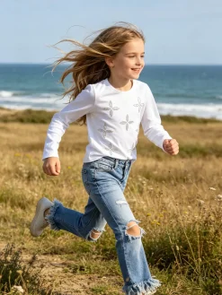 Sweet Junior T-shirt da bambina a maniche lunghe con strass e perle - bianco