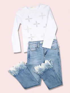 Sweet Junior T-shirt da bambina a maniche lunghe con strass e perle - bianco
