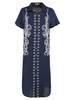Sweet Miss Abito donna a maniche corte in misto lino con ricami - blu