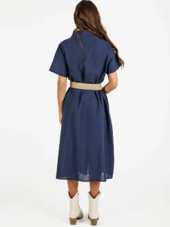 Sweet Miss Abito donna a maniche corte in misto lino con ricami - blu