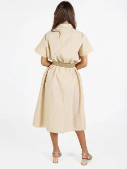 Sweet Miss Abito donna a maniche corte in misto lino con ricami - beige