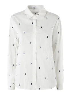 Sweet Miss Camicia donna in misto cotone e lino a maniche lunghe con ricami a goccia - blu